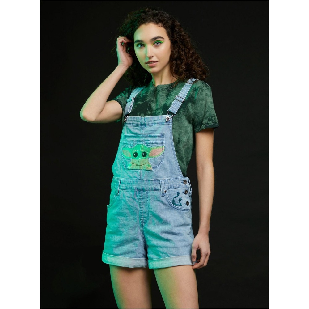 Her Universe Star Wars Grogu Baby Yoda Denim Shortalls Light Wash Womens Medium